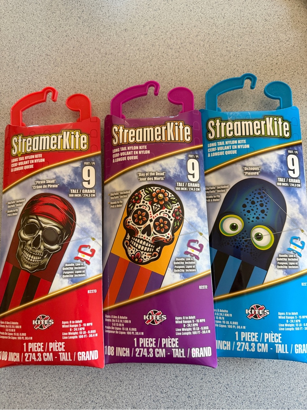 3 New StreamerKite Pirate Day of Tead & Octopus 9' SkyTails Long Tail Nylon Kite